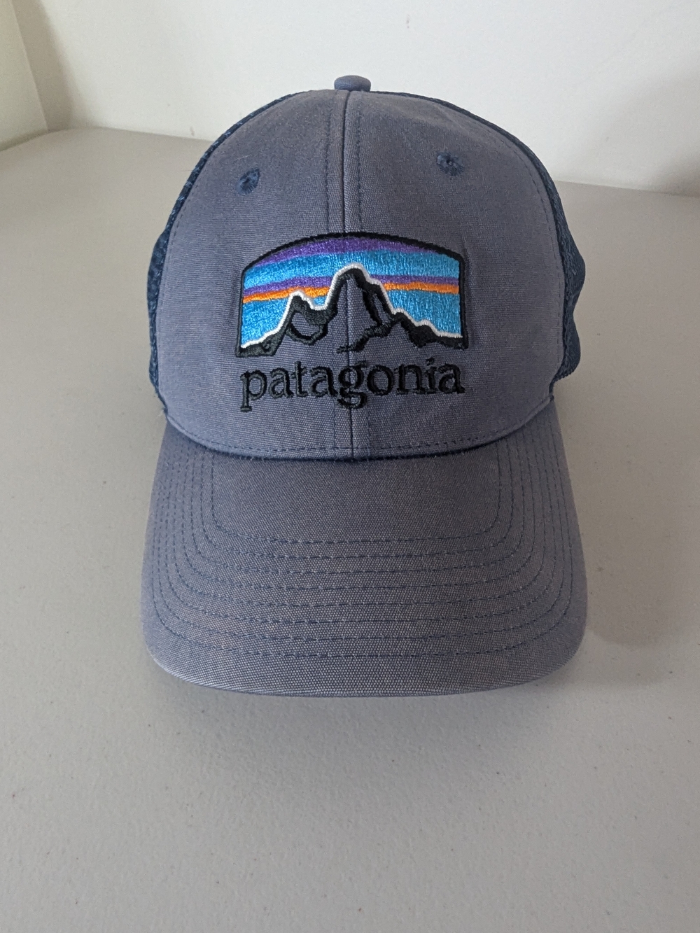Patagonia Trucker Hat Blue Mountain Logo Organic Cotton Mesh Snapback